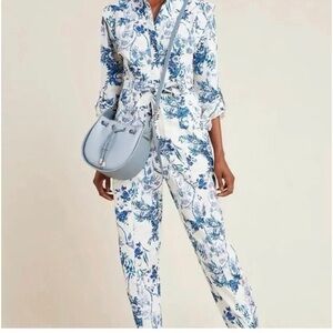 Anthropologie White and Blue Floral Wrap Jumpsuit
